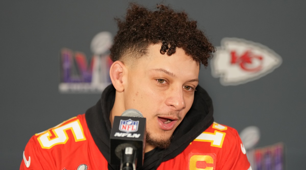 Kansas City Chiefs quarterback Patrick Mahomes (15) during a press conference before Super Bowl LVIII against the San Francisco 49ers.
